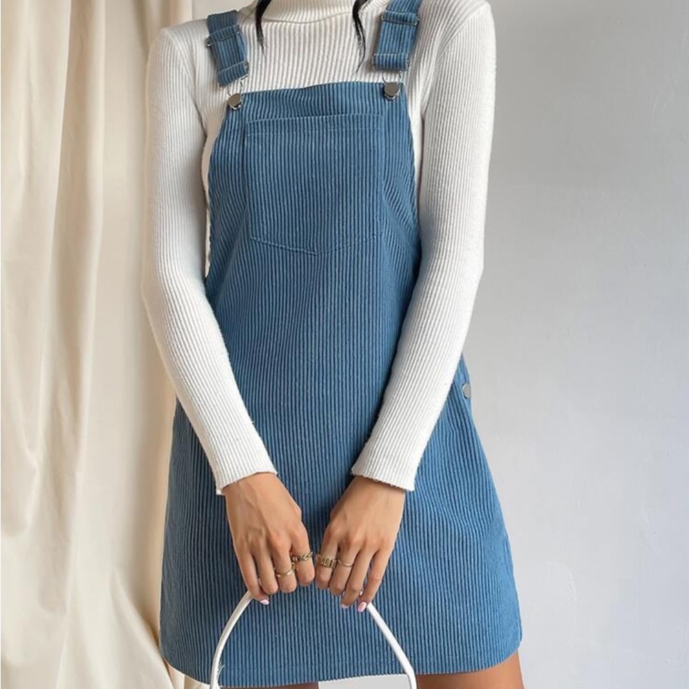 Classic Elegant Corduroy Solid Pocket Jumper Overall Dress Without Sweater - Picture 10 of 15